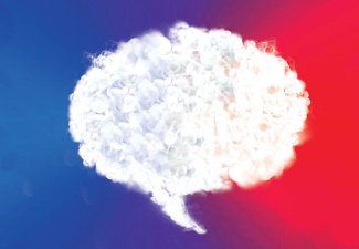 A cloudy speech bubble with a red and blue background