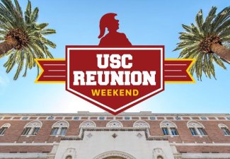 Photo of USC Doheny Library with an illustration of "USC Reunion Weekend"