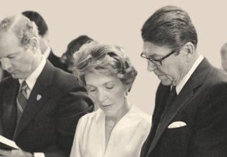 President Ronald Reagan and Nancy Reagan with James Baker