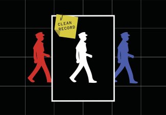 The silhouette of three men, red, white, and blue, with the centermost man labeled with a sticky note that reads "clean record"
