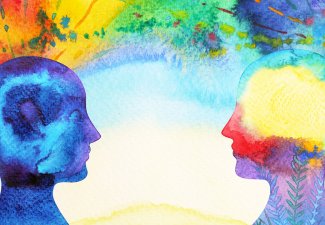 Illustration of two people in watercolor style standing in front of eachother