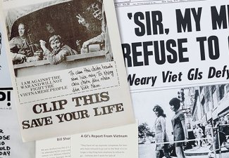 Photo collage of anti-war newspaper clippings