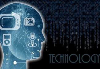 Illustration of a person's facial silhouette with technological gadgets and the word "technology" next to the figure
