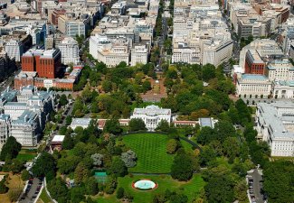 Aerial photo of concrete buildings in Washington D.C.