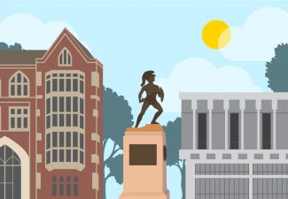 Illustration of Tommy Trojan between the Wallis Annenberg Hall and the Annenberg School for Communication and Journalism building