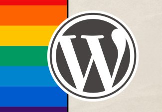 Wordpress logo against a beige background with a rainbow banner to the left