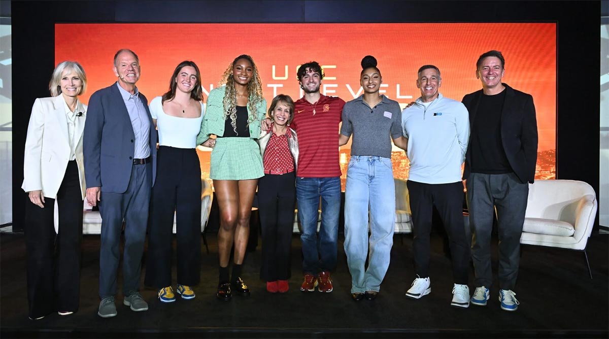 From L-R: Willow Bay, Geoffrey Garrett, Lauren Steele, Kiki Iriafen, USC President Carol Folt, Ezra Frech, JuJu Watkins, Tony Petitti, and Andy Campion.