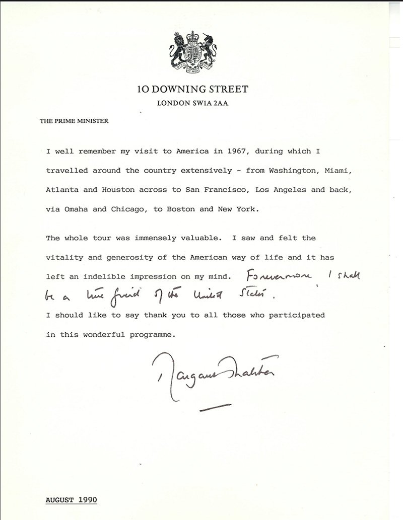 British Prime Minister Margaret Thatcher’s note from 10 Downing Street about her 1967 exchange visit to the US – ‘Forevermore I shall be a true friend to the United States.’ U.S. Department of State