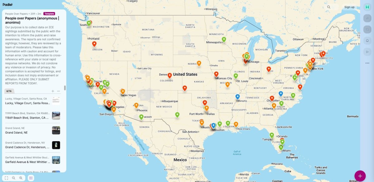 The People Over Papers map is a crowdsourced collection of reports of ICE activity across the U.S. Screenshot by The Conversation U.S.