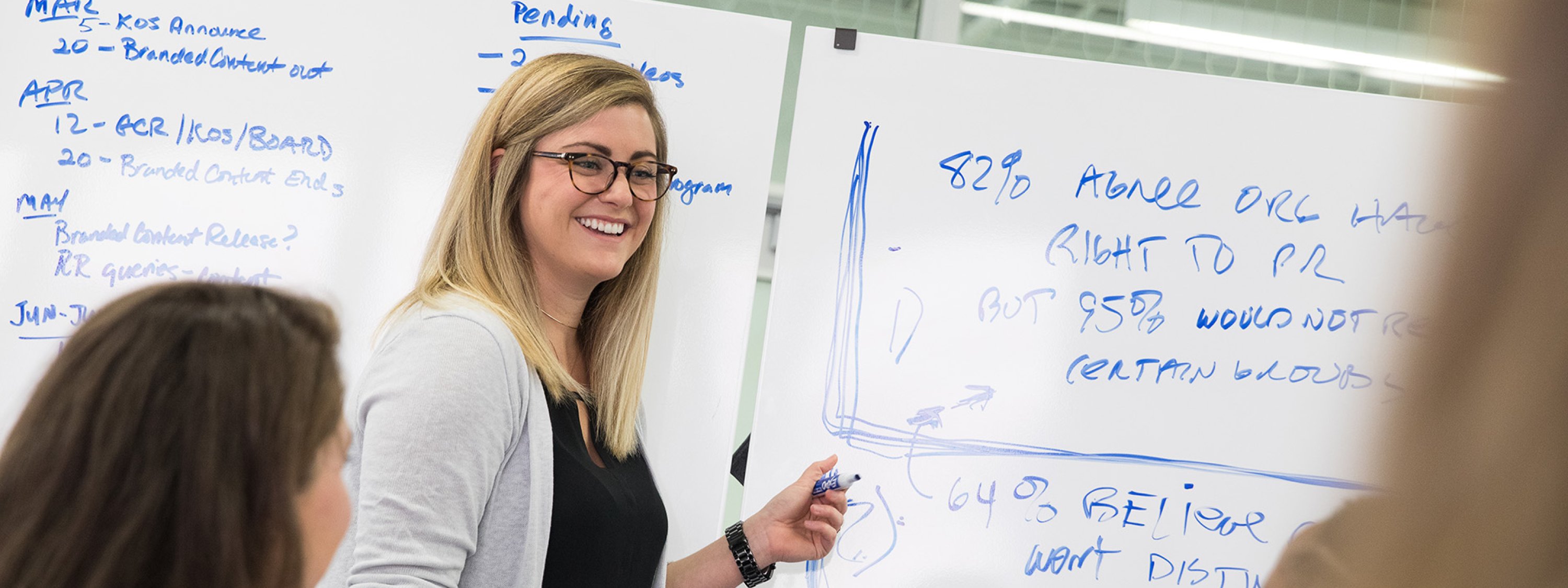 Photo of a person drawing on a whiteboard and pointing to it