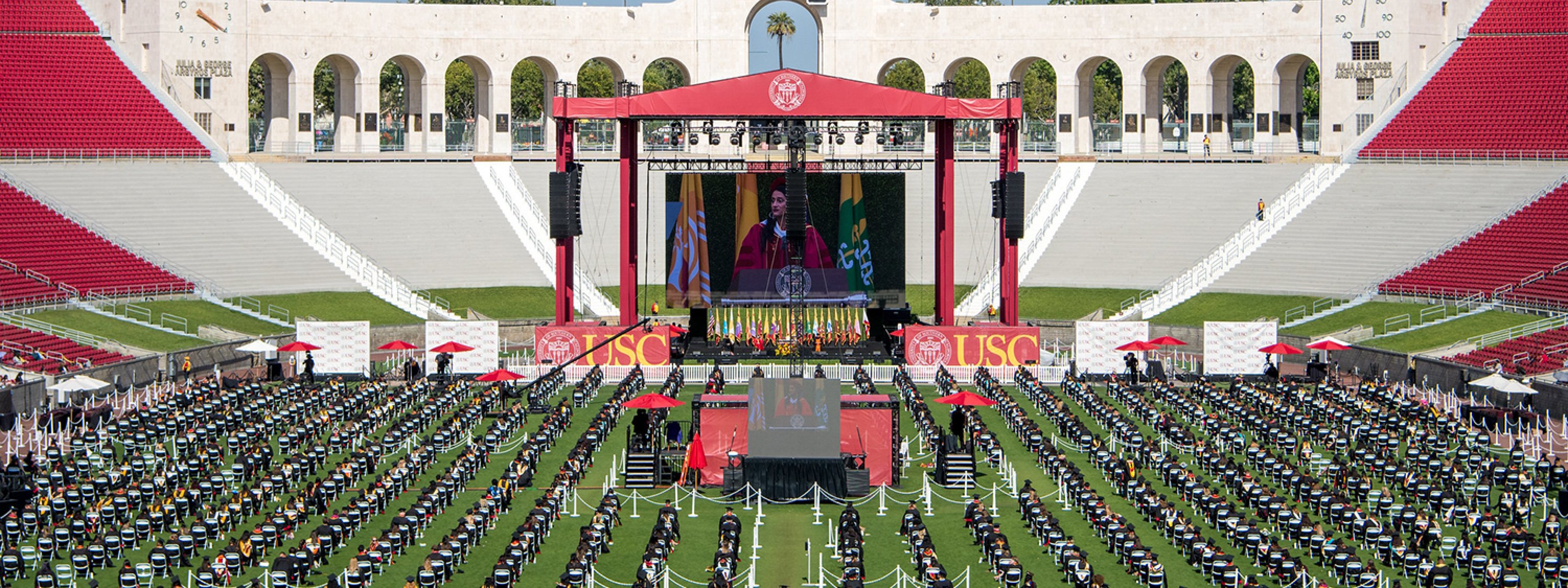 Image of the USC 2021 and 2021 graduation taking place in the Coliseum