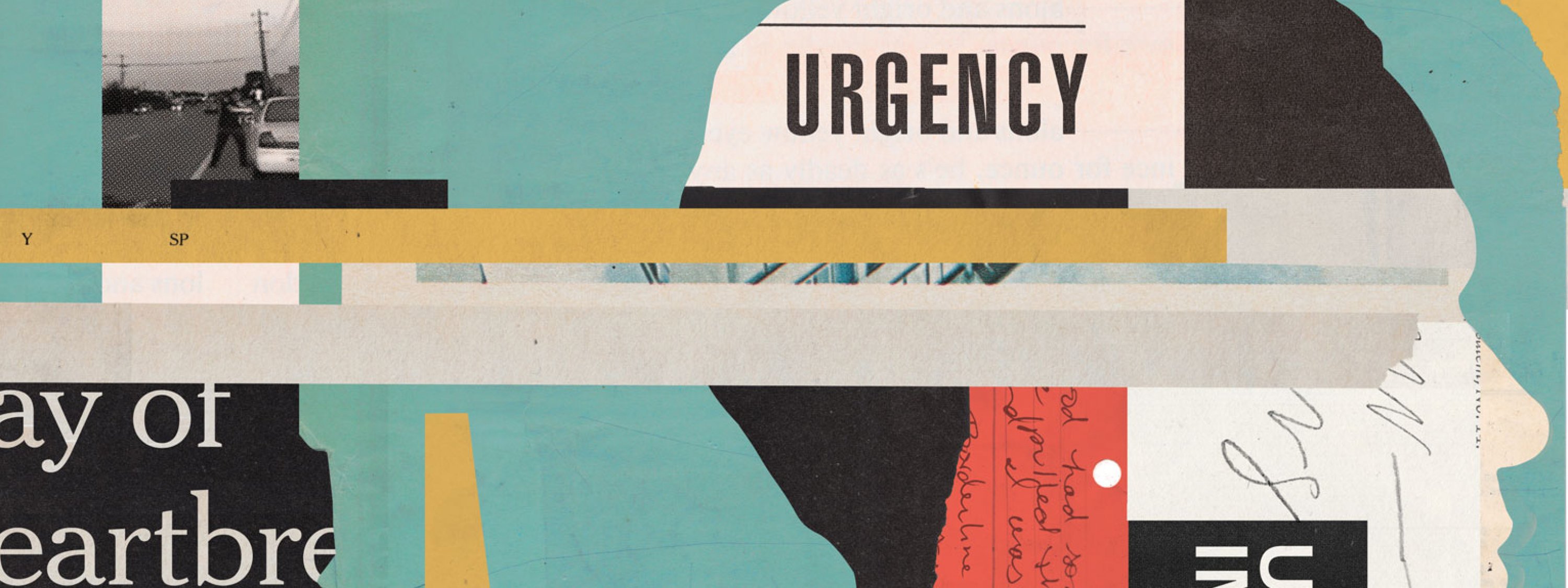 Illustration of a head silhouette with the word "urgency" on it and newspaper clippings