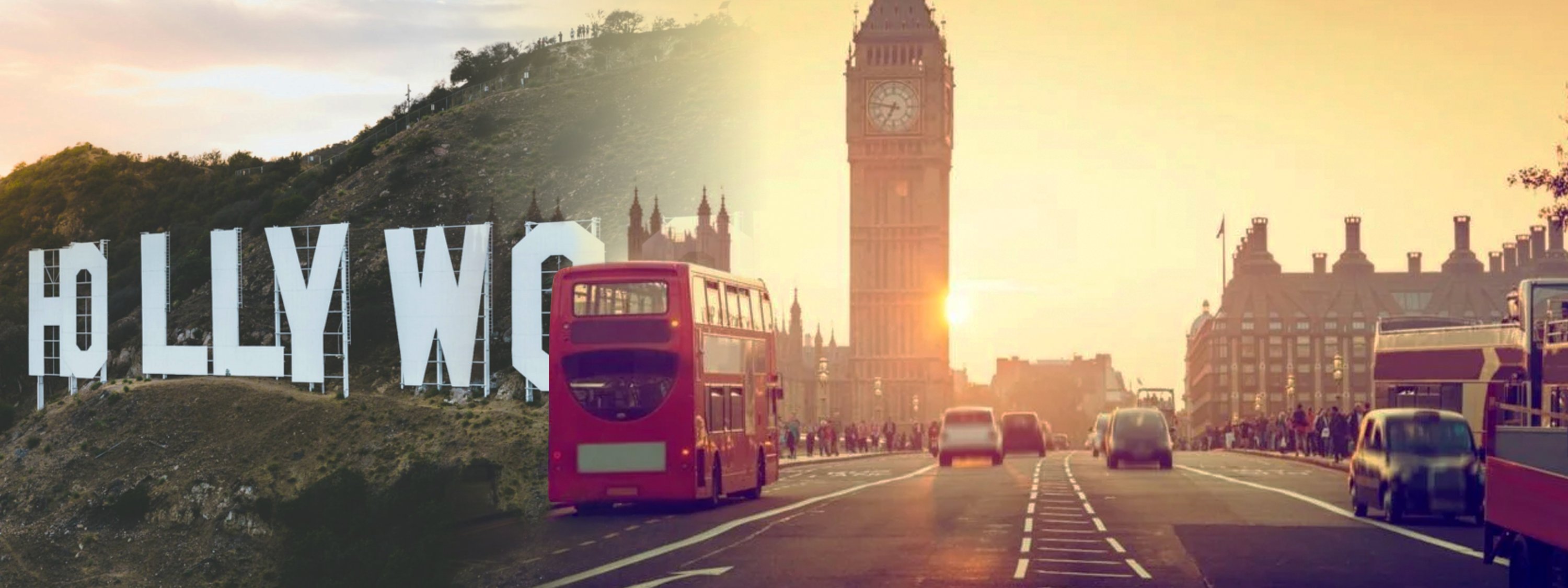 Photo manipulation of the Hollywood sign and a street in London where the Big Ben is visible