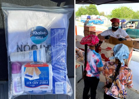 hygiene care package and women passing out package to two young girls