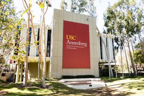 East side wall banner of USC Annenberg School for Communication and Journalism