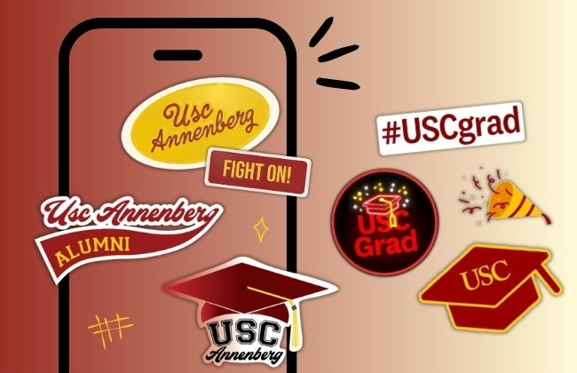 A phone with USC stickers above it and a yellow/red gradient background