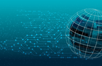 An illustration of a globe with laylines around it against a tech-inspired background. 