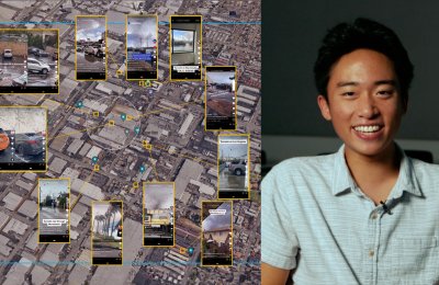 A top-down Maps screenshot on the left, and a person smiling at the camera on the right.