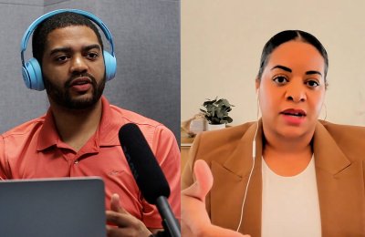 Split screen of a man with blue headphones speaking into a microphone on the left, and a woman talking at the camera and wearing earbuds on the right.