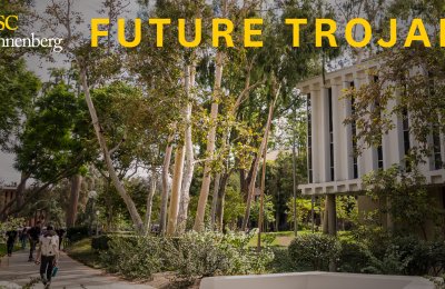 Photo of old USC Annenberg building with the words "Future Trojan"