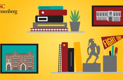 a USC background imgae of books, a shelf, and portraits