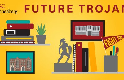 Background with the USC Annenberg logo with books and framed images of the USC Annenberg building that reads "future trojan"