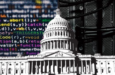 Photo of the White House with computer code on one side and a sound system on another