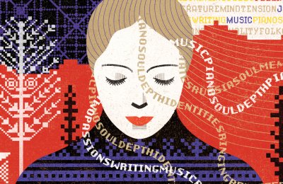 Illustration of a person with phrases surrounding their face such as "writing music piano soul depth"