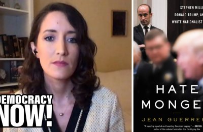 A video still from an interview with Jean Guerrero on the left and a photo of her book “Hatemonger” on the right.
