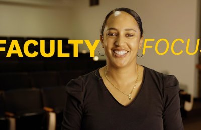 Melanie Cherry with the words "faculty focus" to the left and right of her