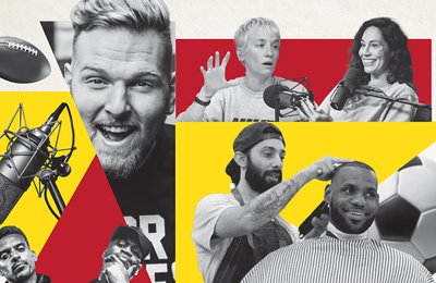 Various sports-related media stars against a yellow and red background graphic