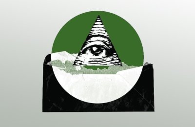 illustration of pyramid with eye in middle, centered in a green circle with clouds on the bottom