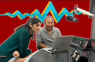 Two people edit a podcast with an audio illustration in the background.