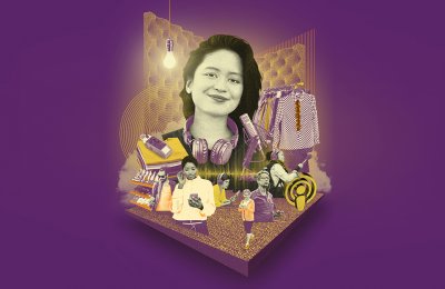 Illustration of Paola Mardo for the Power of Podcasting event depicting items like a microphone, clothing rack, lightbulb, soundproof booth to exemplify podcasting