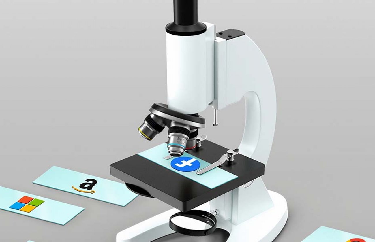 Illustration of a scientific microscope examining the Facebook logo, with the logos of other brands such as Windows and Amazon near the Microscope as if to be examined next