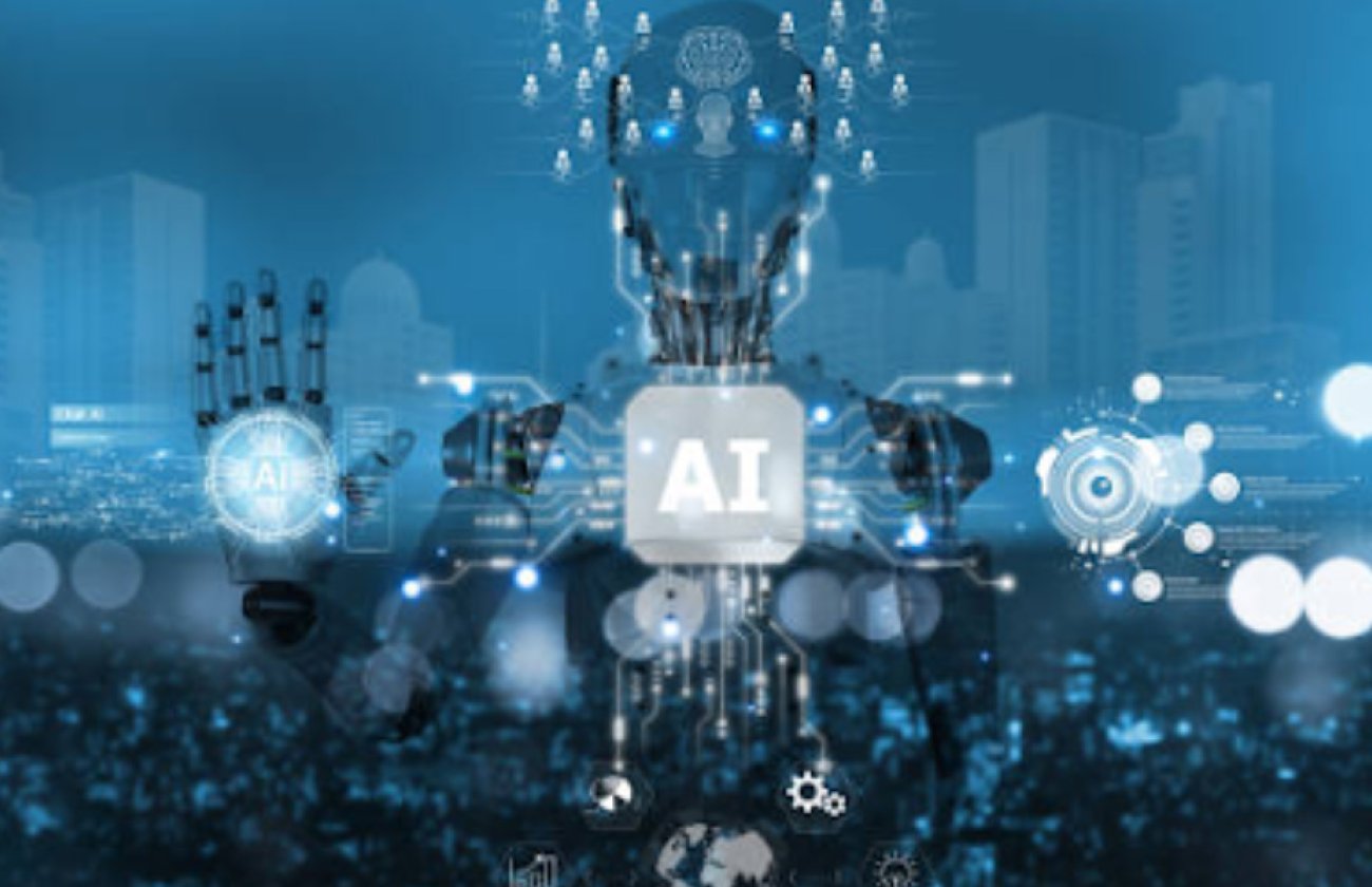 A robot in front of a blue city with "AI" on the front
