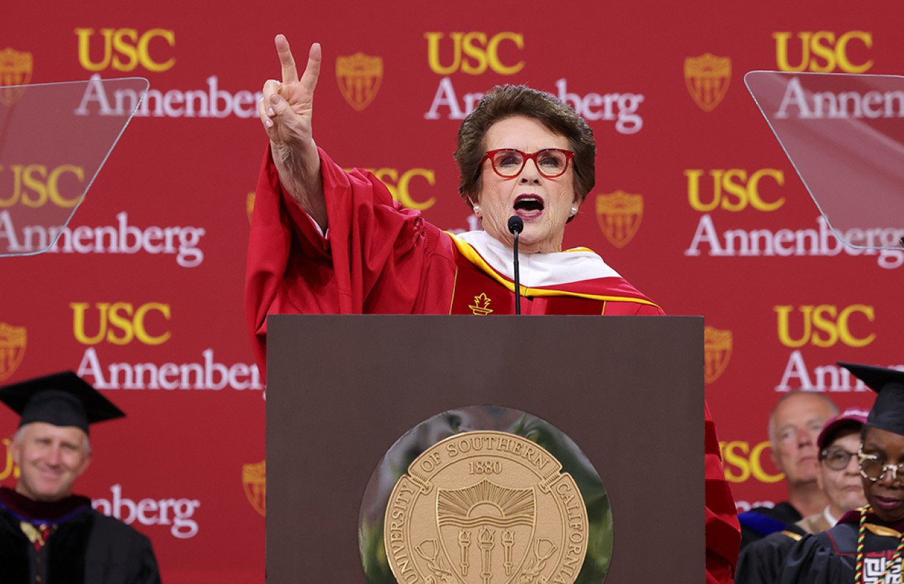 Billie Jean King addresses the USC Annenberg class of 2024 on May 10, 2024