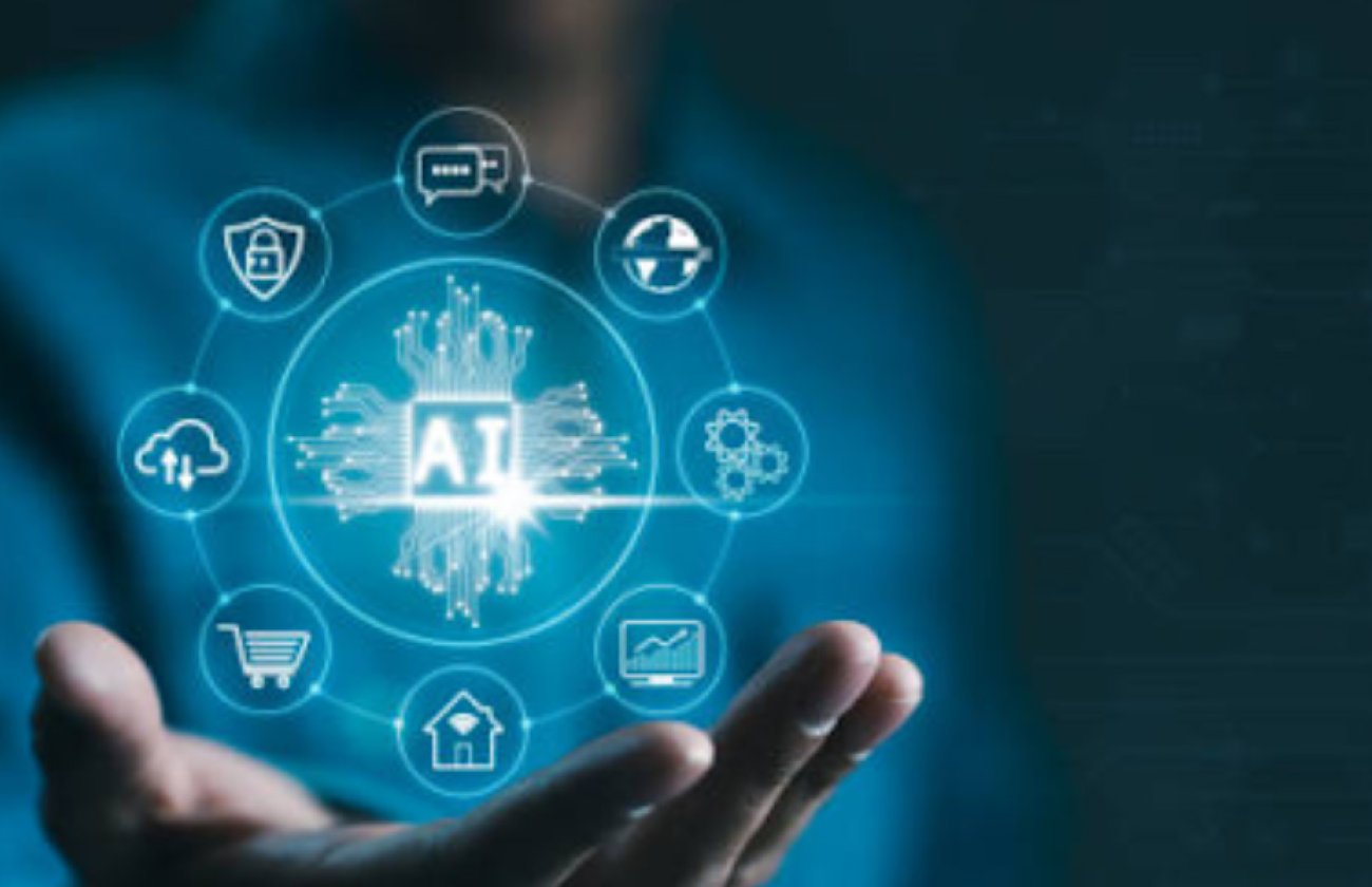 A person holding a glowing, floating circle of symbols in their hand (a globe, a shopping cart, a cloud) around the word "AI"