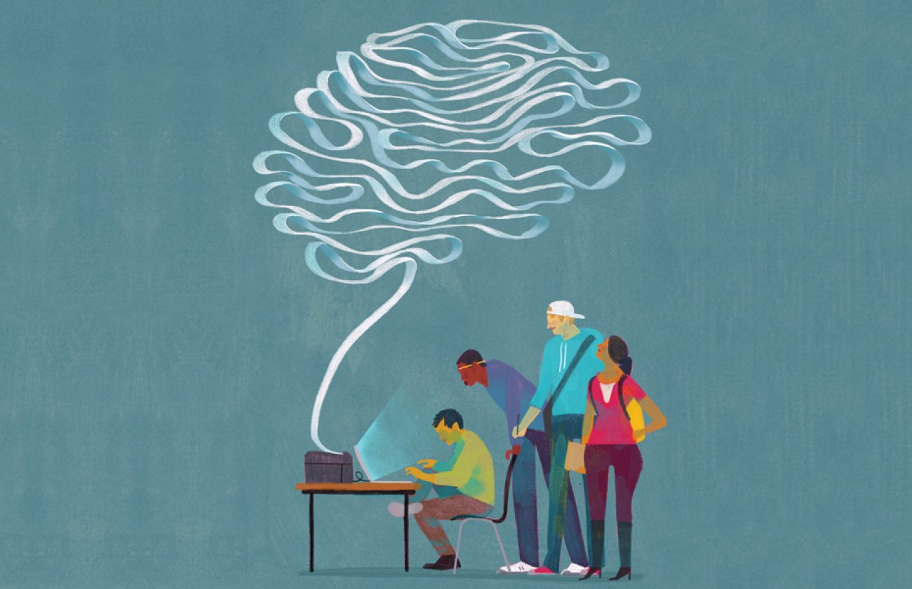 Illustration of four people around a laptop screen and a smoke-like cloud coming out of it above them