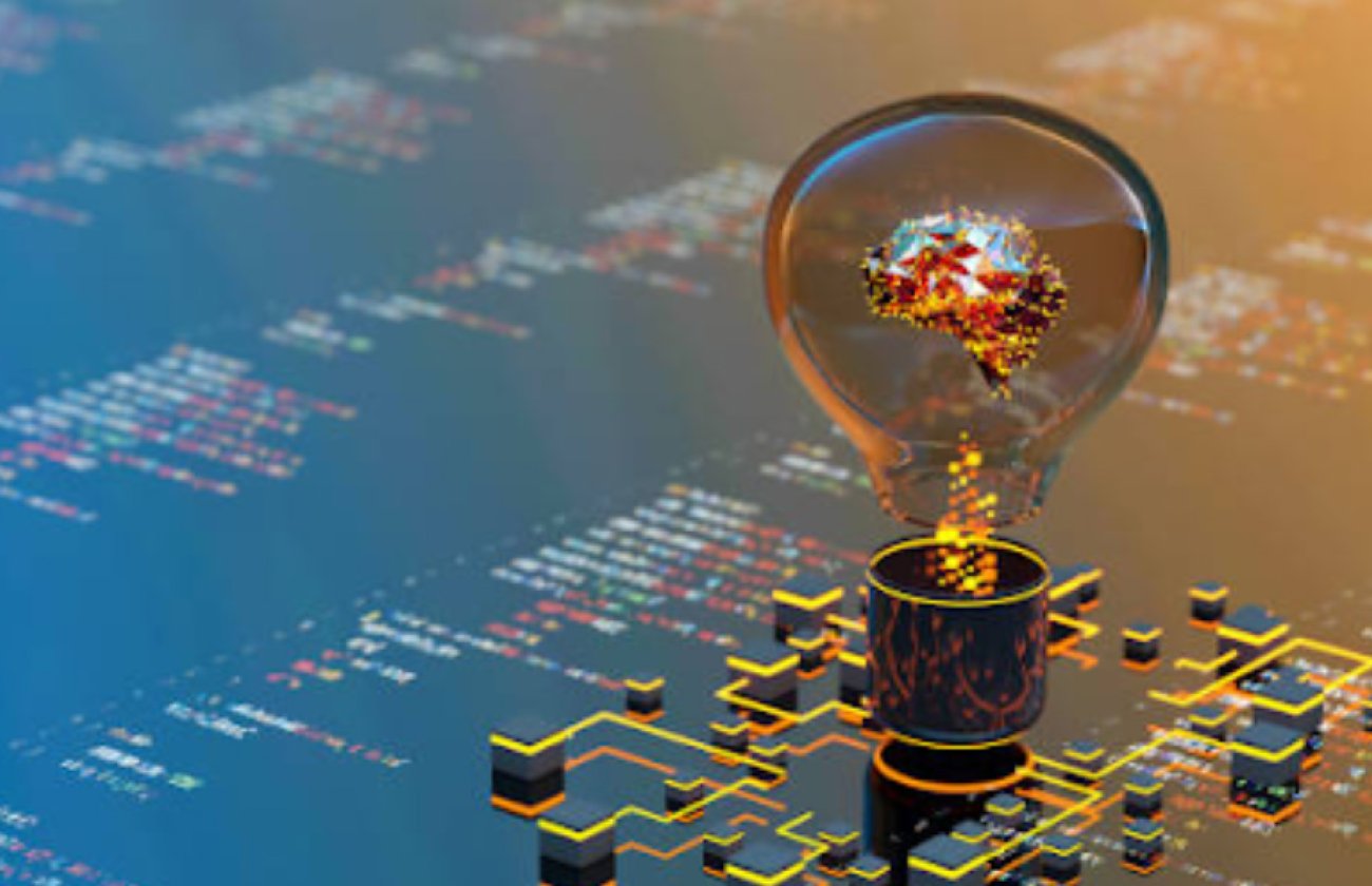 A lightbulb with a brain inside of it, on top of a reflective board with code written in it