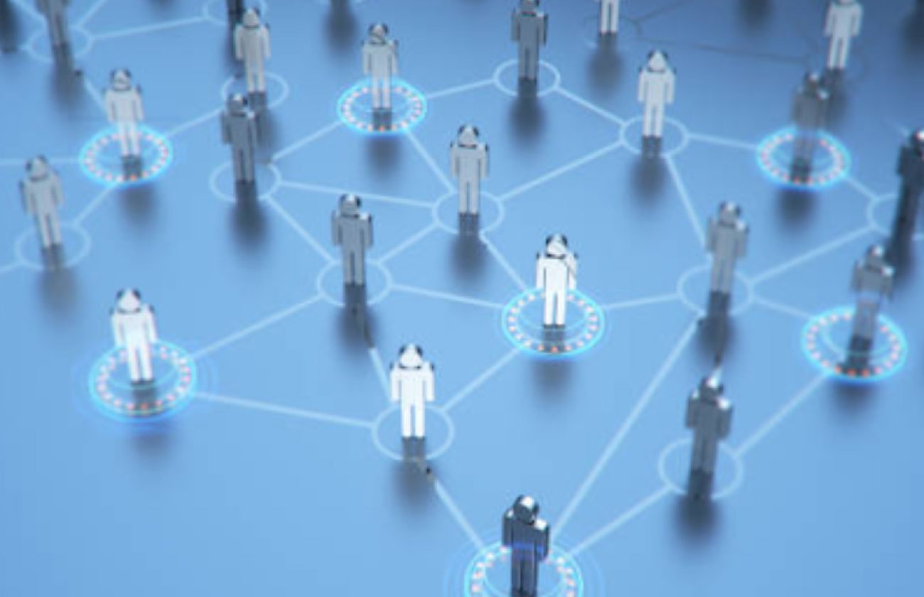 Avatars of people on a blue platform with lines connecting them on the floor