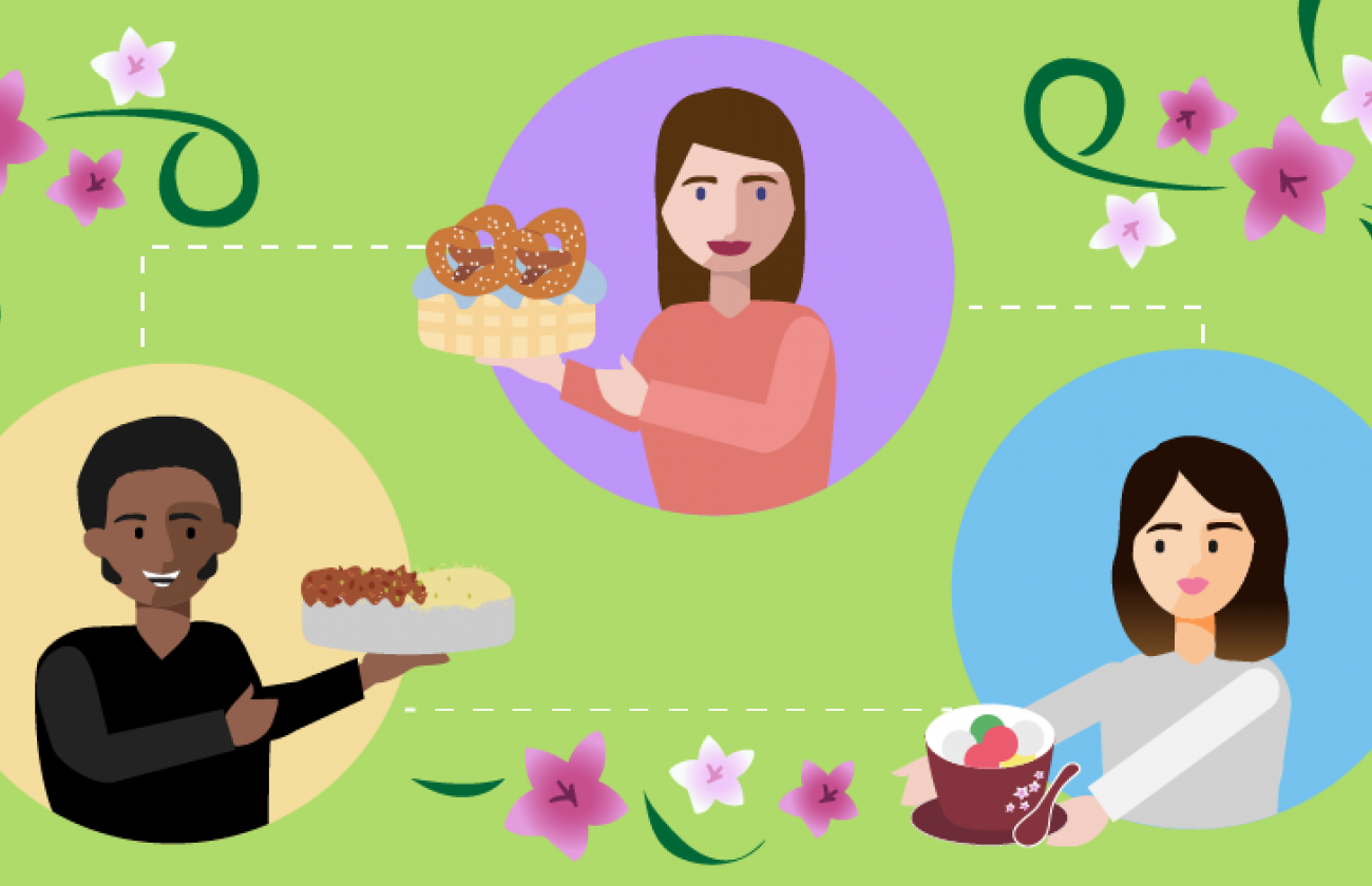 Graphic of three people holding different baked goods