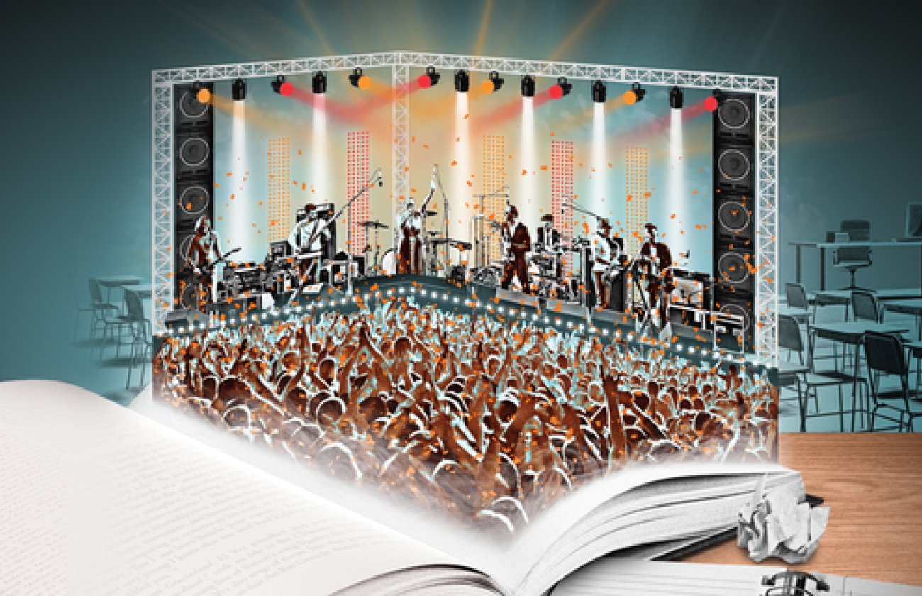 Illustration of a musical performance occurring in front of a crowd coming out of a book