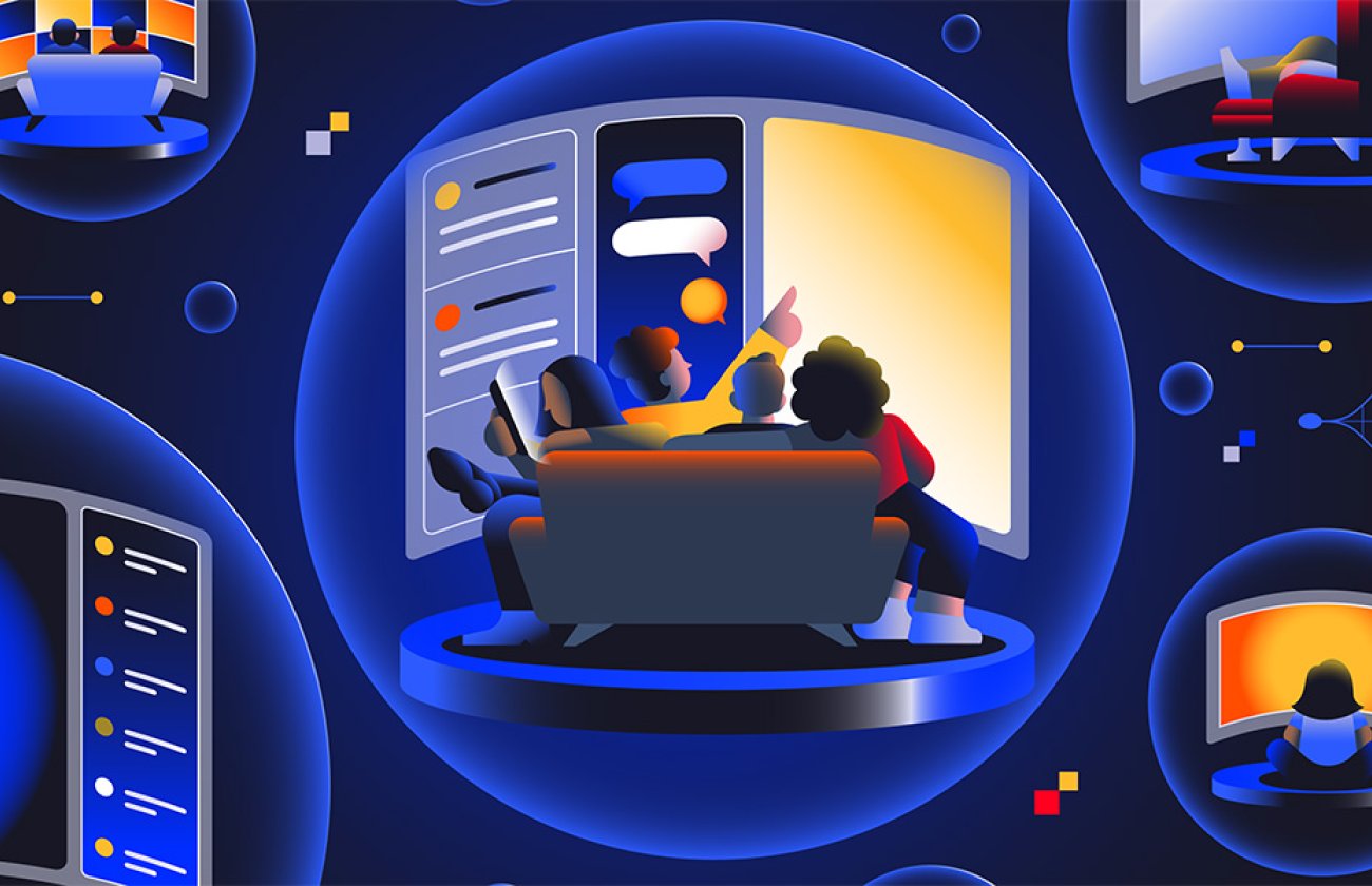 Dark blue illustration featuring a variety of bubbles inside which people watch TV screens, play video games, participate in chats, and otherwise engage with digital media. 