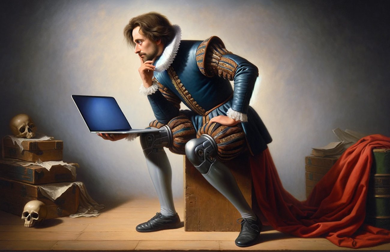 Shakespearean man on laptop