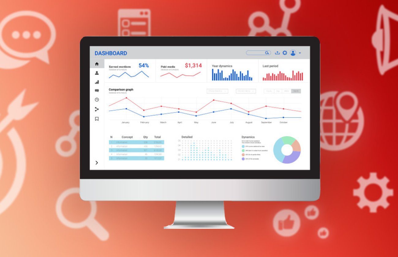 productivity icons floating on red gradient background with computer screen in the center that has various charts and graphs