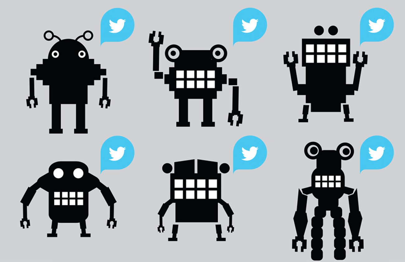 Illustration of six robotic figures all standing with the Twitter logo to their right