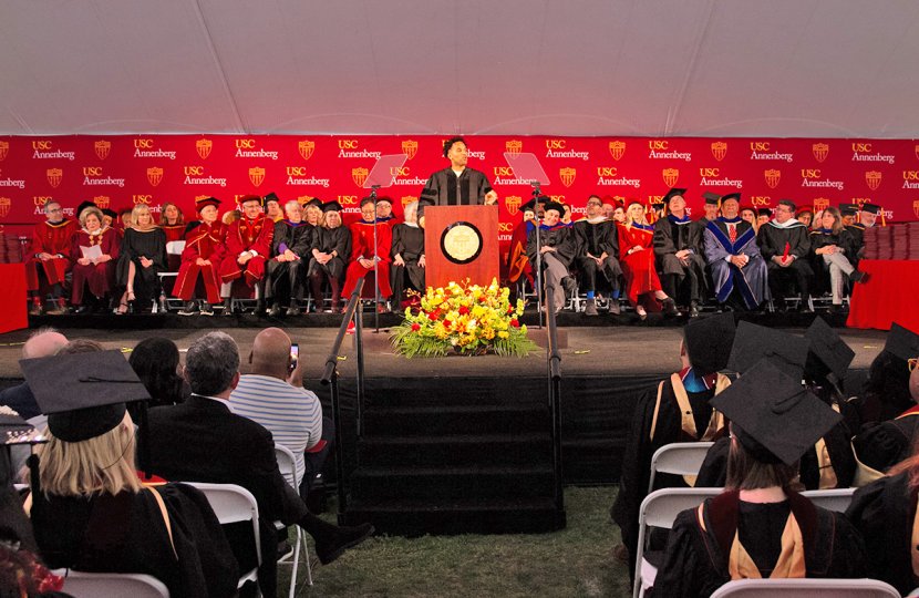 Photo of USC Annenberg Commencement speaker Maverick Carter addressing the 2019 graduates.