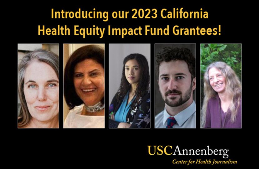 individual photos of 3 women, a man, and another women with title, "Introducing our 2023 CA health Equity Impact Fund Grantees