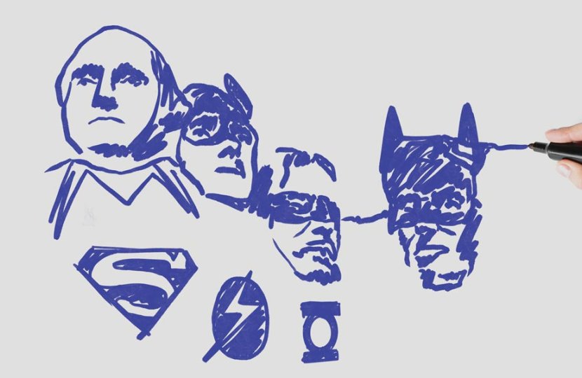 Drawings of public figures and superheroes.